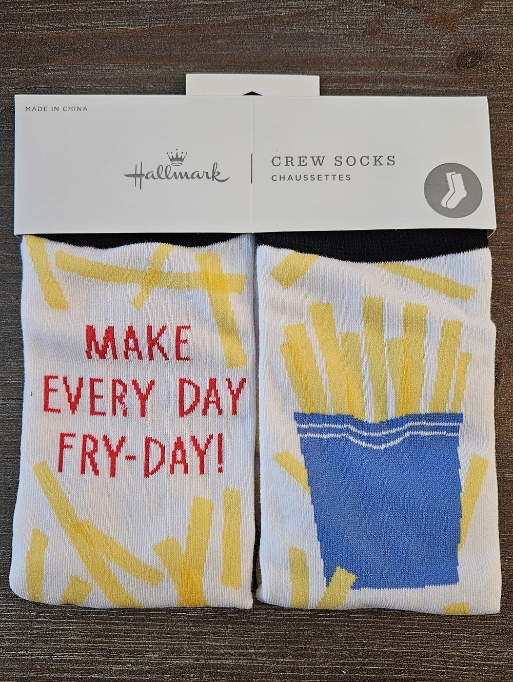 Hallmark Crew Socks with Yellow Fries and Blue Fry Box Design New